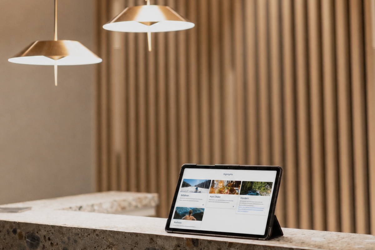 Moderner Willkommensbildschirm mit Hotel-Highlights und Hotel A bis Z am Rezeptions-Tablet