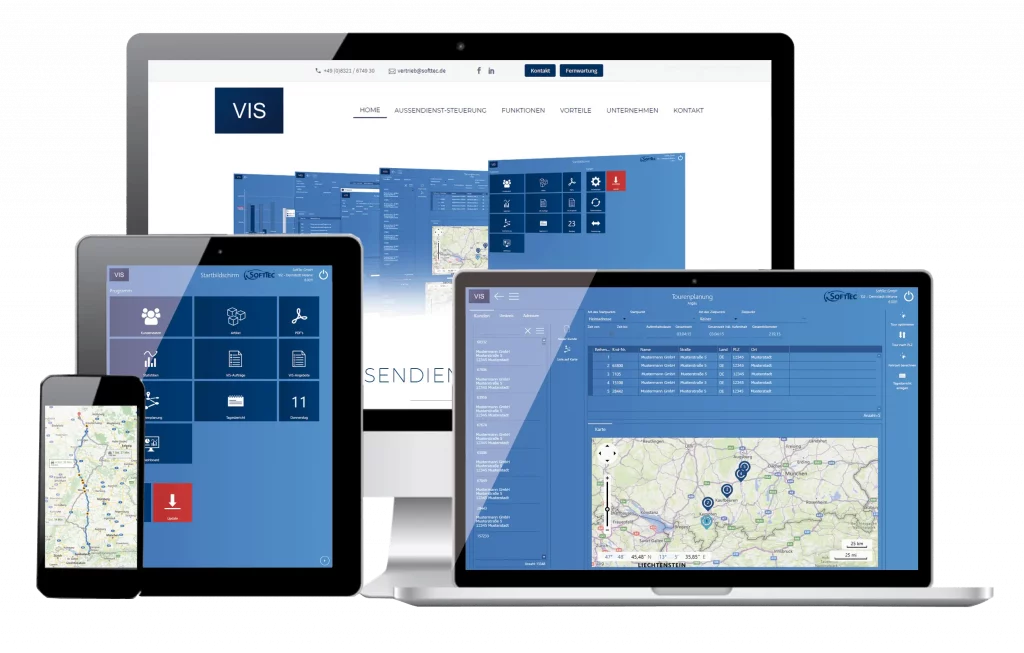 SoftTec Vis mobile Außendienststeuerung auf verschiedenen Geräten, um responsive Ansicht zu zeigen