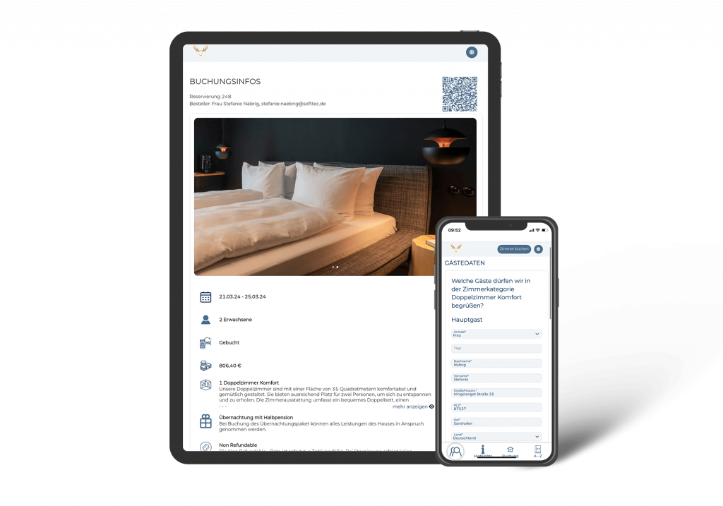 Übersicht über Buchungsinfos sowie Gästedaten im digitalen Meldeschein der SoftTec Cloud Hotelsoftware am Tablet und am Handy