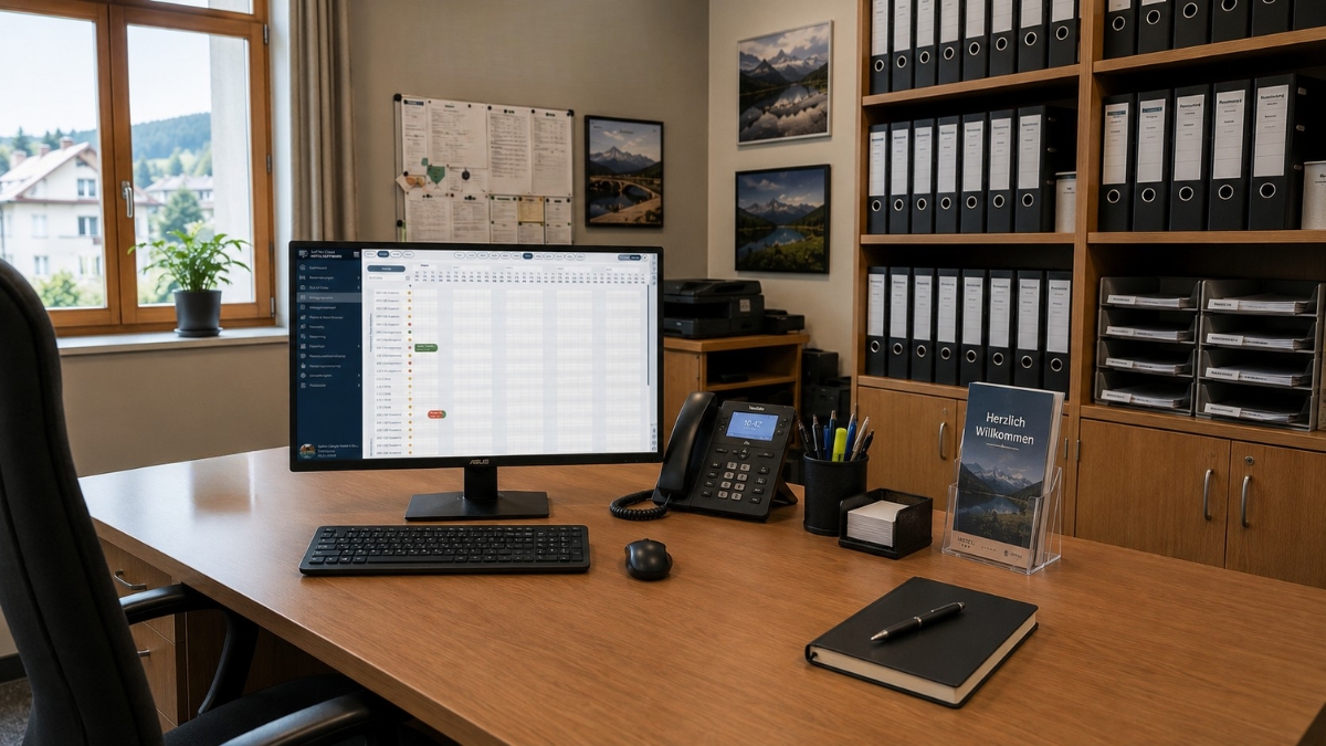 Aufgeräumter Arbeitsplatz mit der SoftTec Cloud Hotelsoftware und dem Belegungsplan auf dem Bildschirm