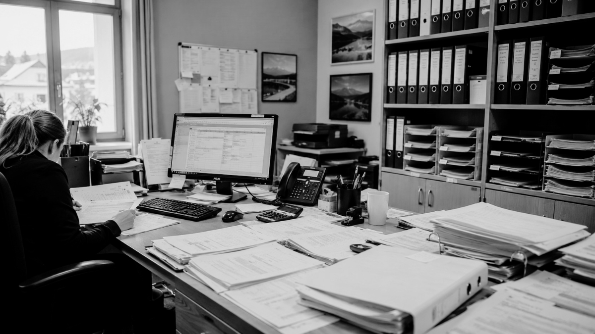 Backoffice vor der Umstellung: Schreibtisch mit Papierstapeln, Ordnerwand und einzelnem Bildschirm