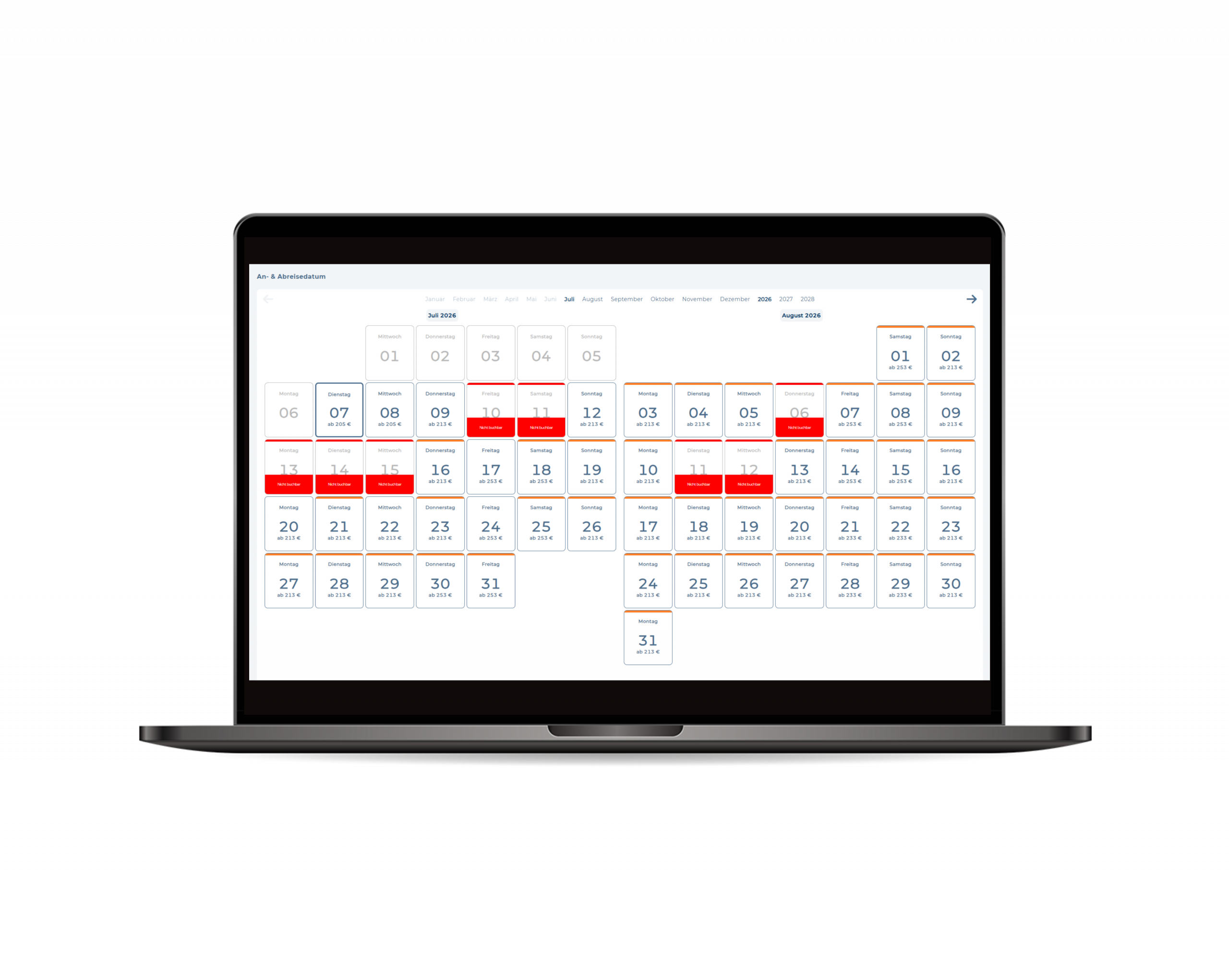 Kalender im SoftTec Buchungssystem: Anreise und Abreise mit Preisen pro Nacht wählen