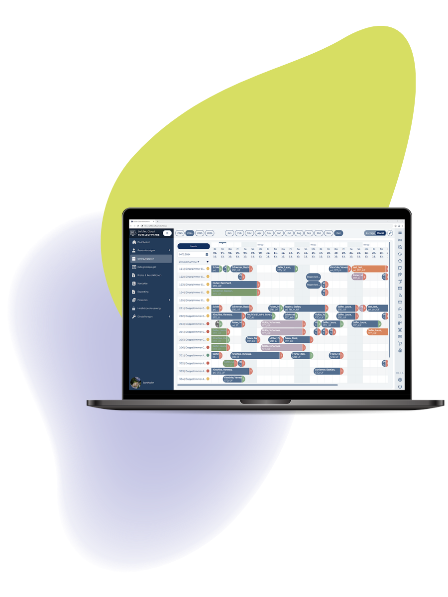 Belegungsplan der SoftTec Cloud Hotelsoftware auf dem Laptop