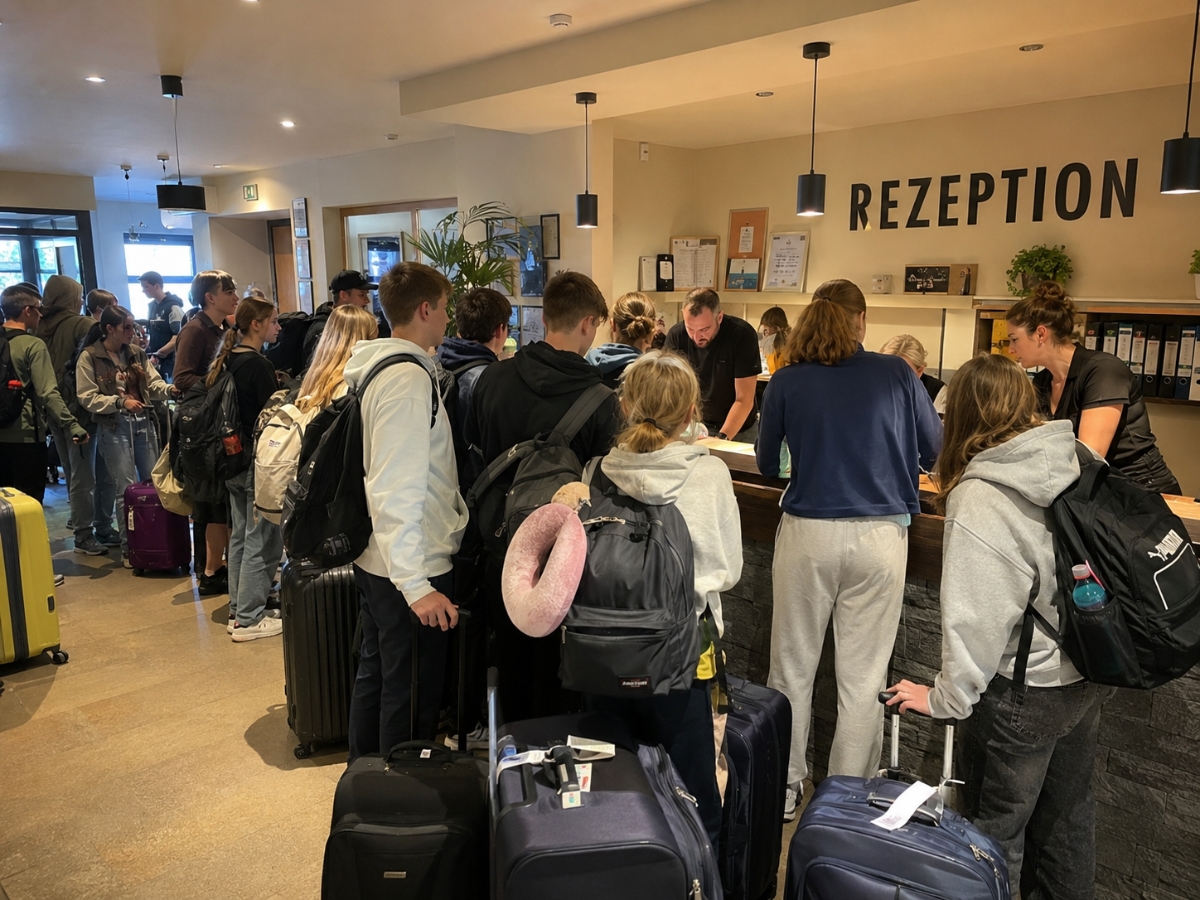 Gruppe junger Gäste mit Gepäck wartet an der Hostel-Rezeption auf den Check-in