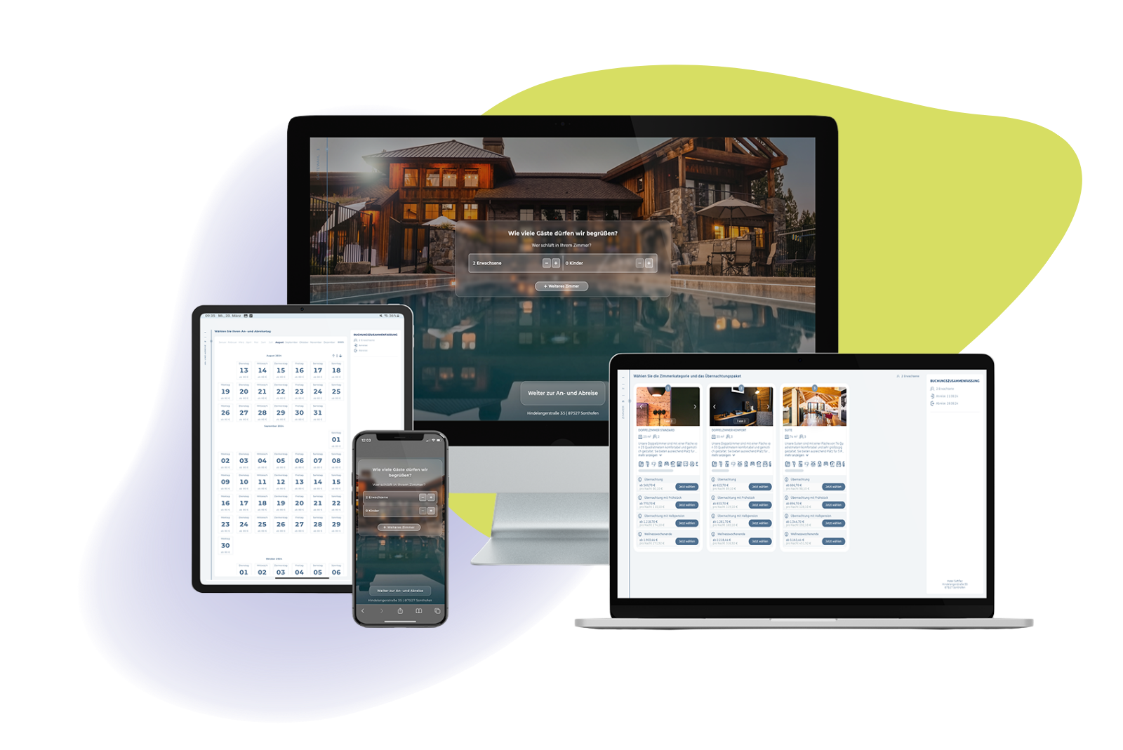 IBE Buchungssystem der SoftTec Cloud Hotelsoftware in der responsiven Ansicht auf Desktop, Tablet und Mobile