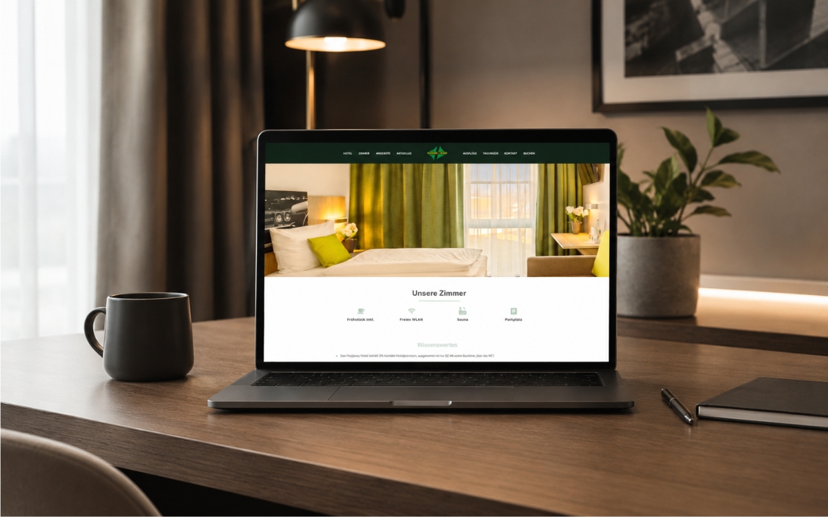 Laptop auf einem Schreibtisch mit der Zimmerseite der Highway Hotel Webseite