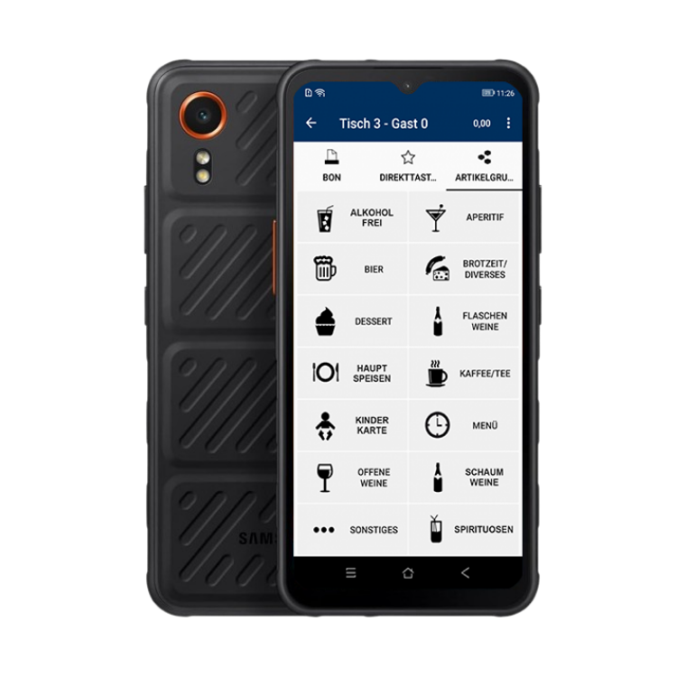Easy2Bon Mobile auf dem Samsung Galaxy XCover7, Vorder- und Rückseite