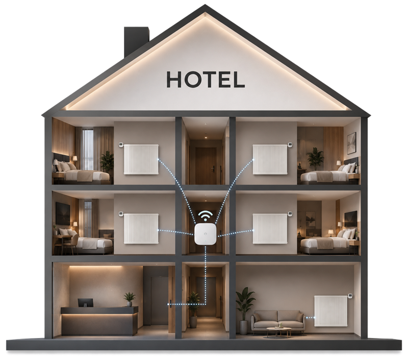 Illustration: LoRaWAN-Gateway der SoftTec Heizungssteuerung verbindet die Thermostate im ganzen Haus