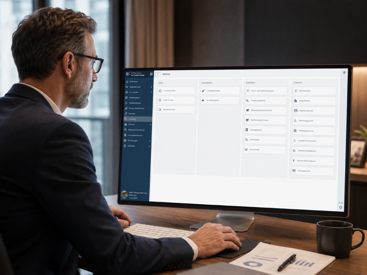Hoteldirektor prüft das Reporting seines Hauses in der SoftTec Cloud Hotelsoftware
