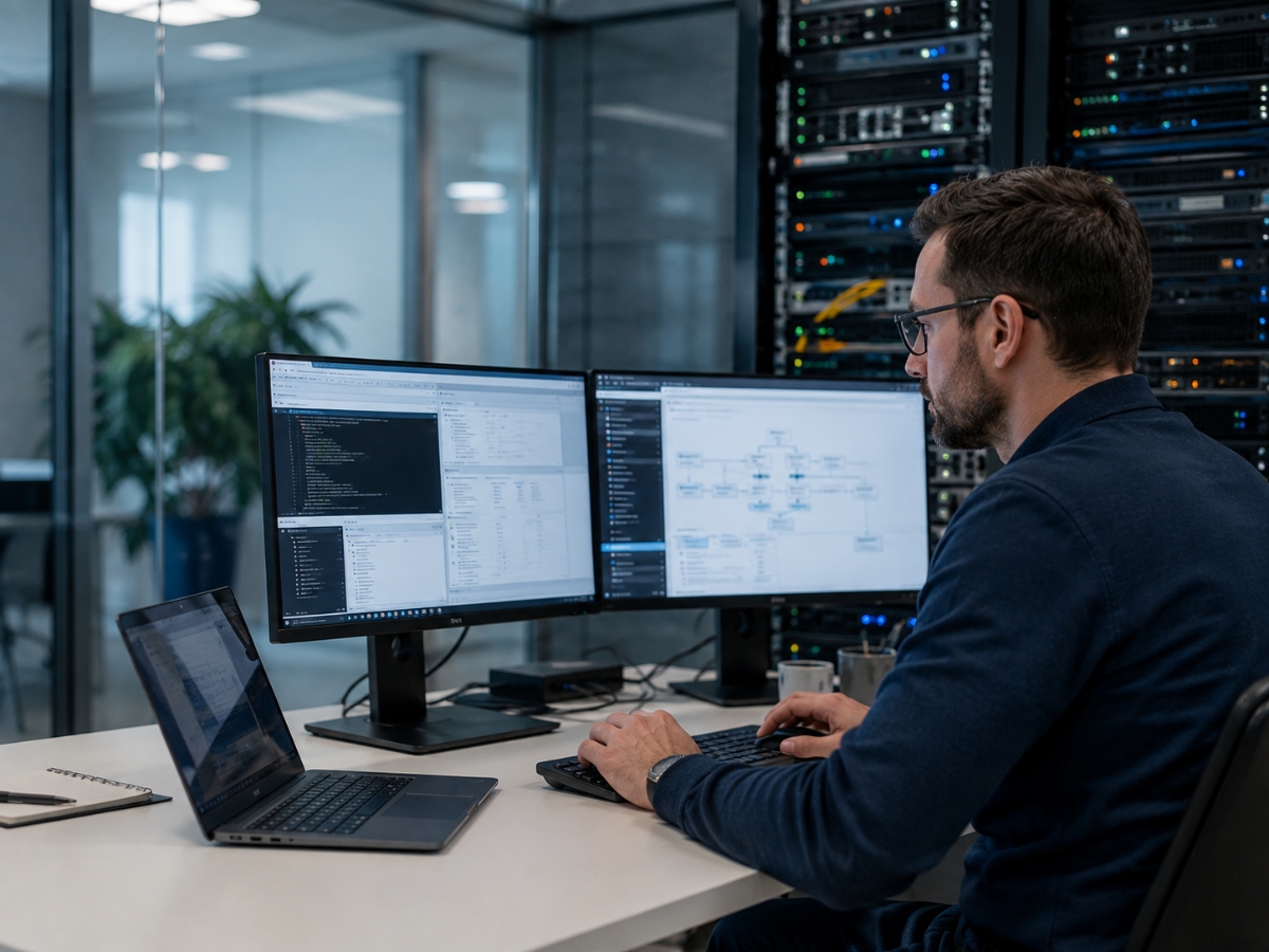 IT-Verantwortlicher arbeitet im Serverraum an der Systemlandschaft des Hotels