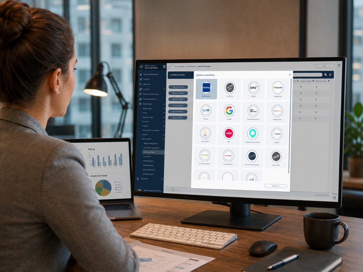 Revenue-Managerin verwaltet Buchungsportale und Auswertungen in der SoftTec Cloud Hotelsoftware