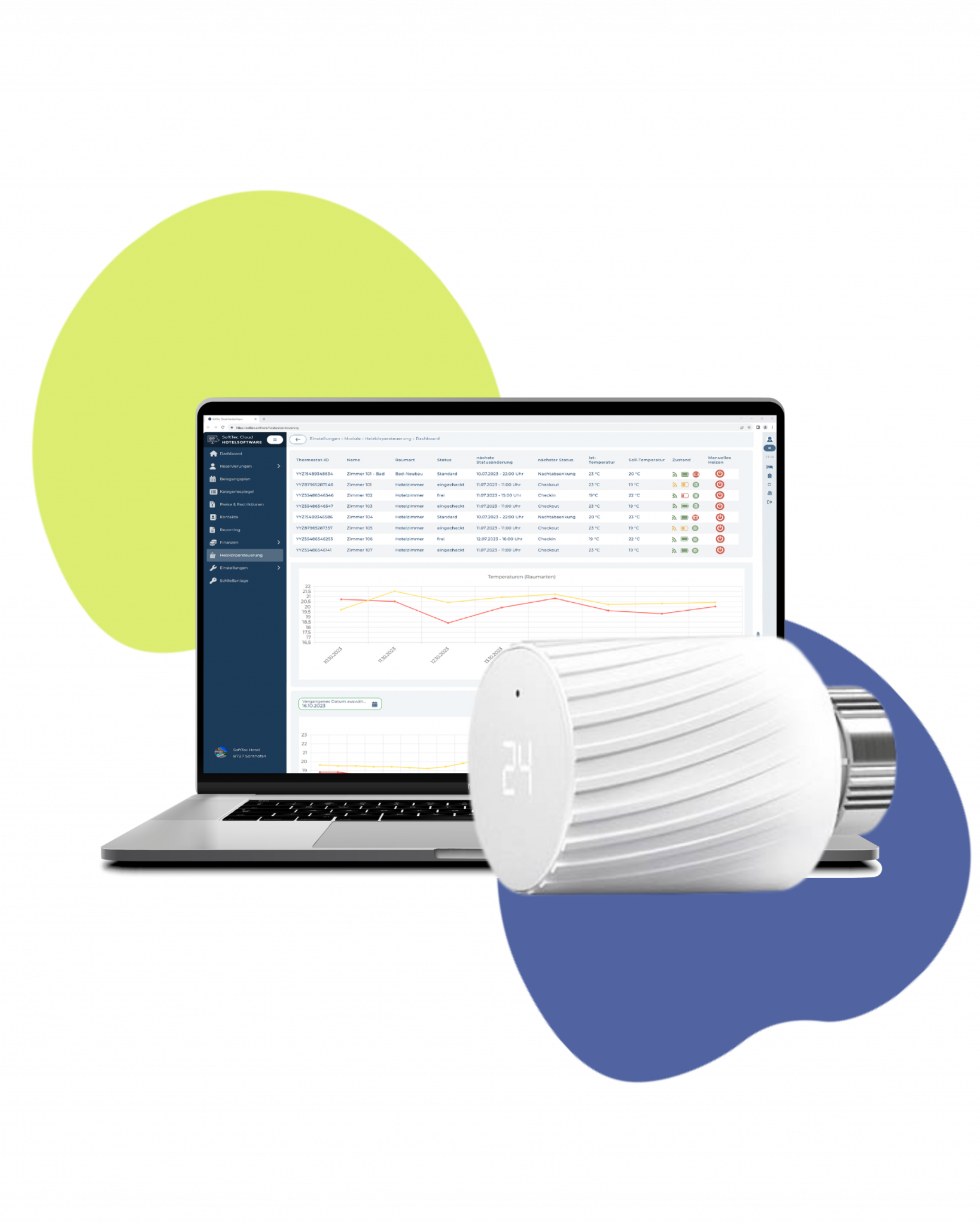 SoftTec Heizungssteuerung: Dashboard der Software und smartes Heizkörperthermostat