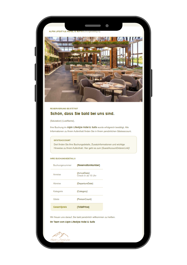 Beispiel der Stilrichtung Minimal: reduzierte Hotel-Buchungsbestätigung mit viel Weißraum