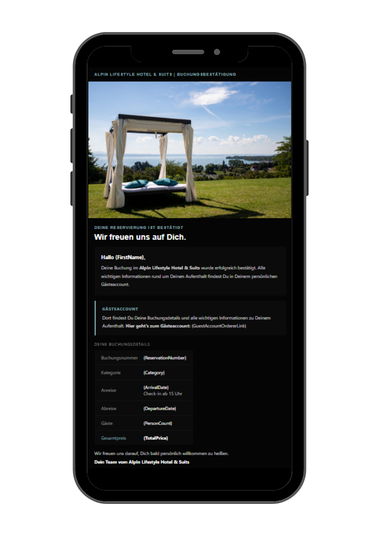 Beispiel der Stilrichtung Modern: Hotel-Buchungsbestätigung im Dark Mode