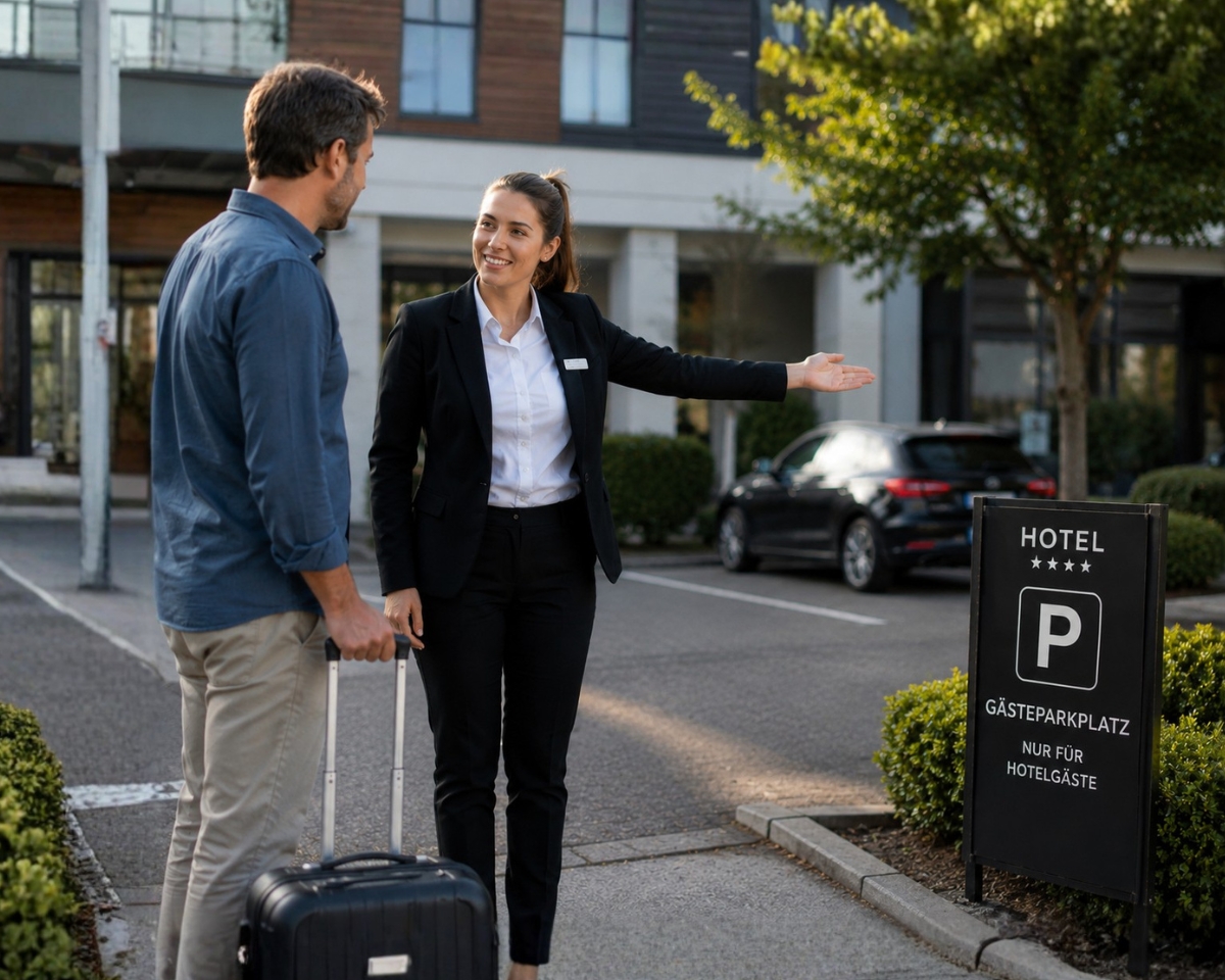 Hotelmitarbeiterin zeigt einem Gast den Gästeparkplatz, der als Ressource in der SoftTec Cloud Hotelsoftware buchbar ist