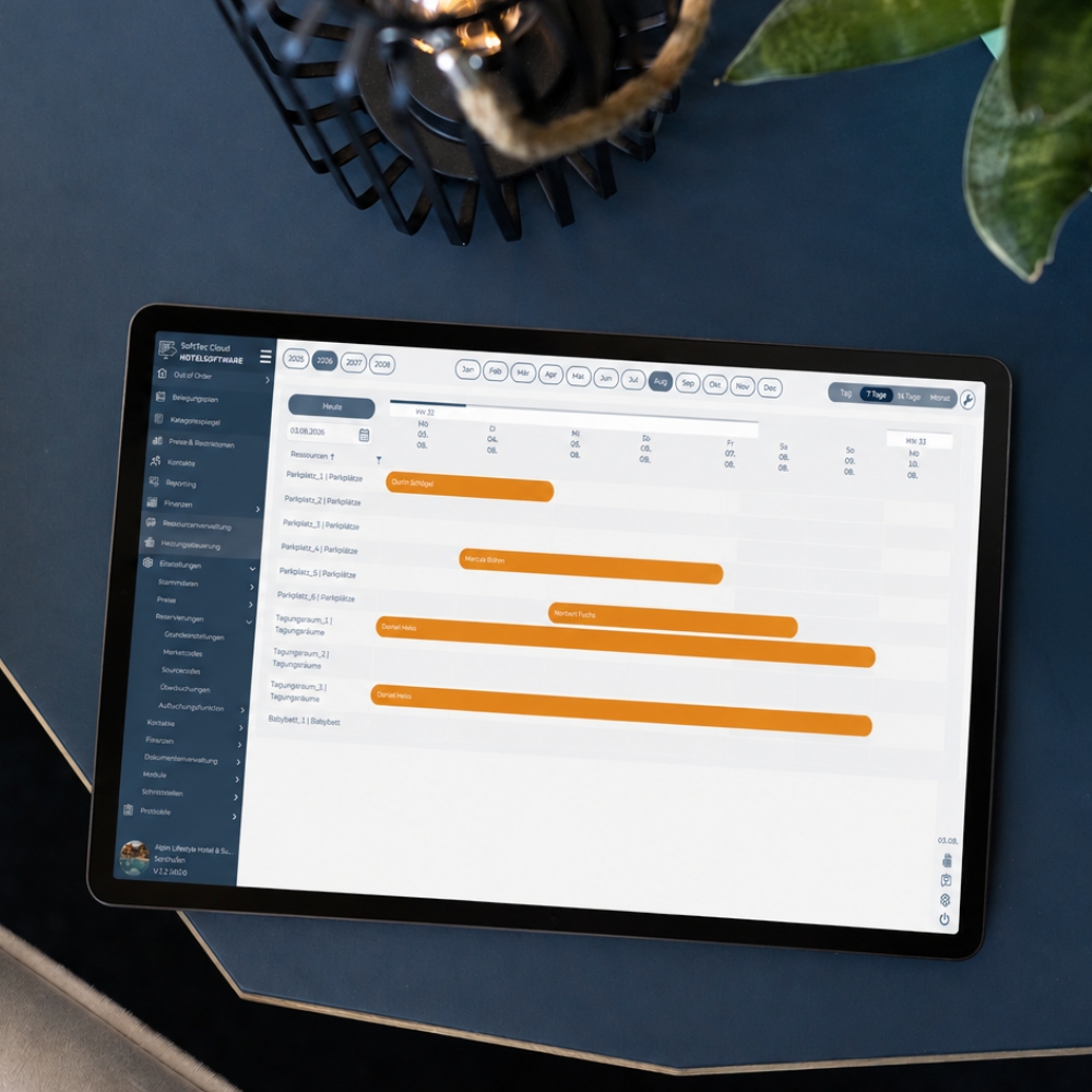 Ressourcenbelegungsplan der SoftTec Cloud Hotelsoftware auf einem Tablet mit Parkplätzen, Tagungsräumen und Babybett