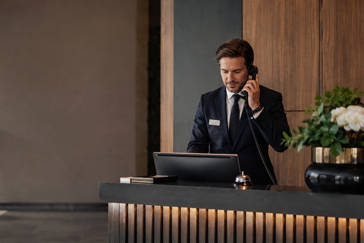 General-Manager an der Hotelrezeption im Telefongespräch