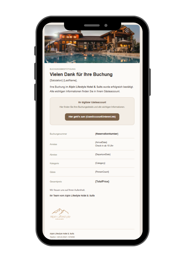 Beispiel der Stilrichtung Signature: Hotel-Buchungsbestätigung mit großem Headerbild