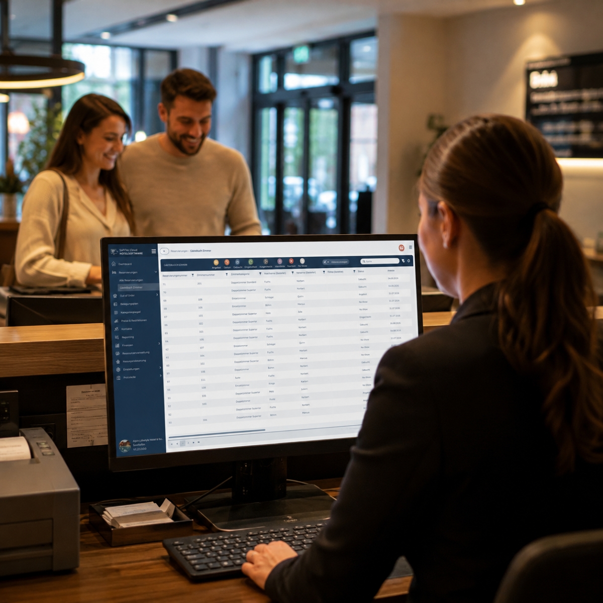Rezeptionsteam arbeitet im gleichen Datenstand der SoftTec Cloud Hotelsoftware, während Gäste ankommen
