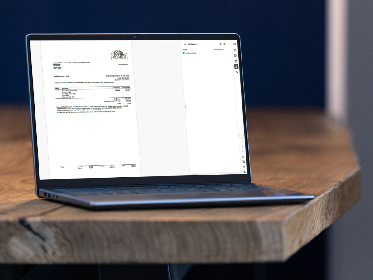 E-Rechnung im ZUGFeRD-Format aus der SoftTec Cloud Hotelsoftware: lesbare PDF-Rechnung mit eingebetteter XML-Datei